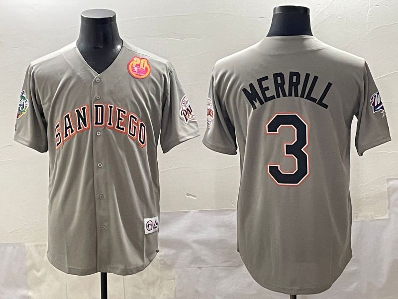 Men 2025 San Diego Padres 3 Merrill Grey Throwback Game Nike MLB Jersey style 8